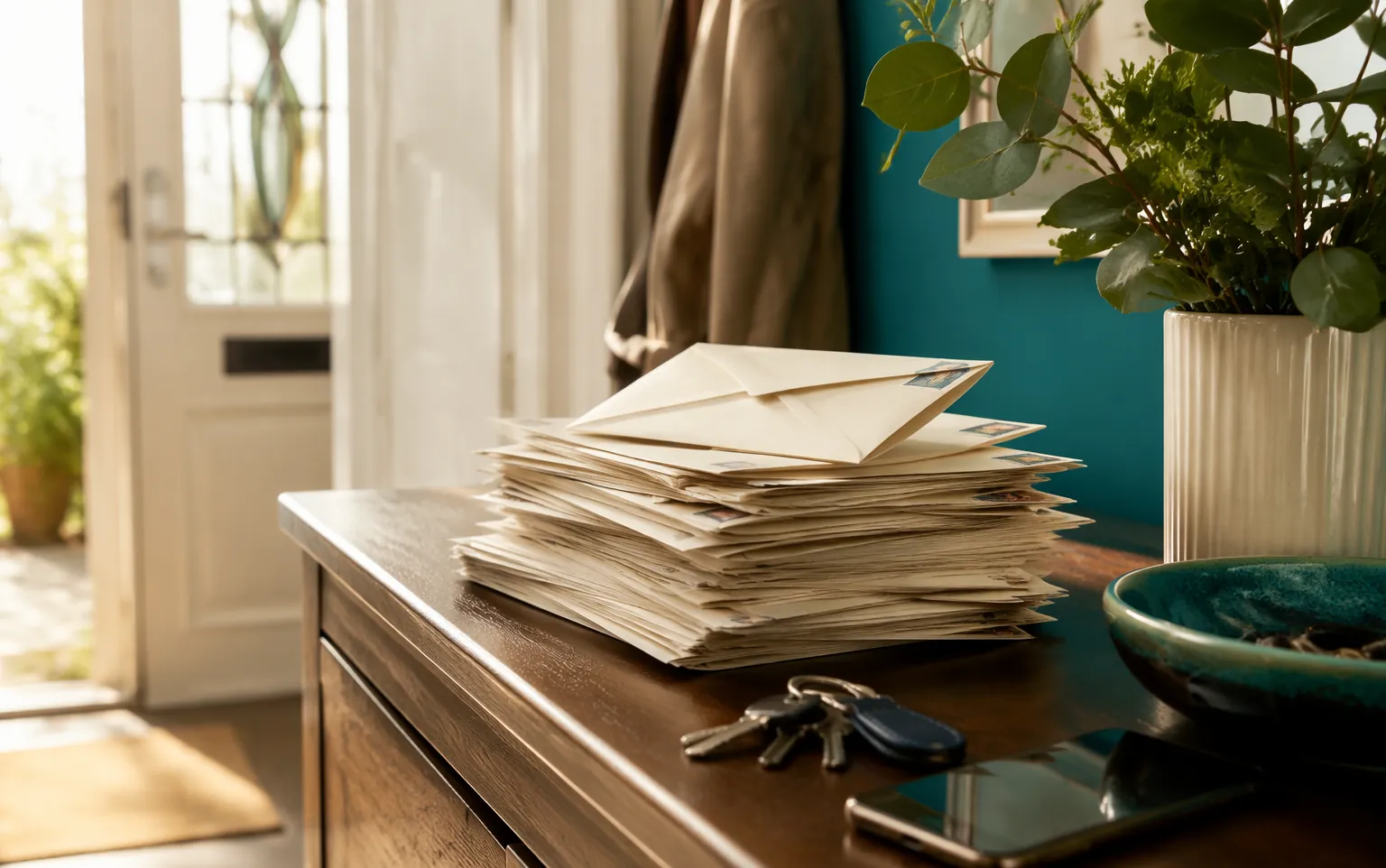 A tidy stack of addressed envelopes on a hallway console table beside keys and a phone