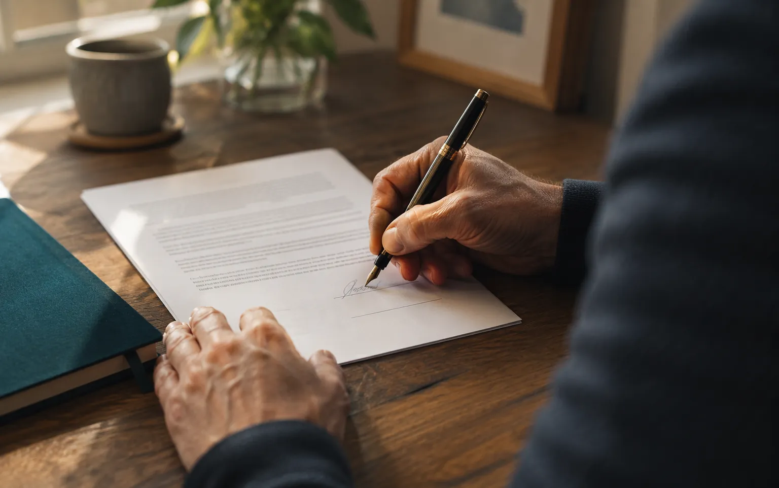 Hands signing a printed deed poll with a fountain pen at a wooden desk