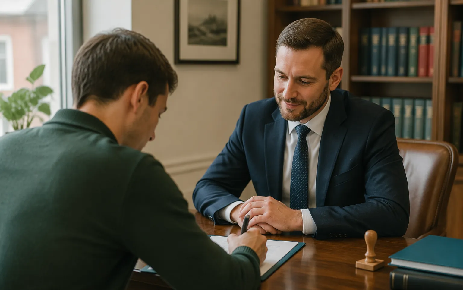A client signing a statutory declaration across the desk from a solicitor in a high-street office