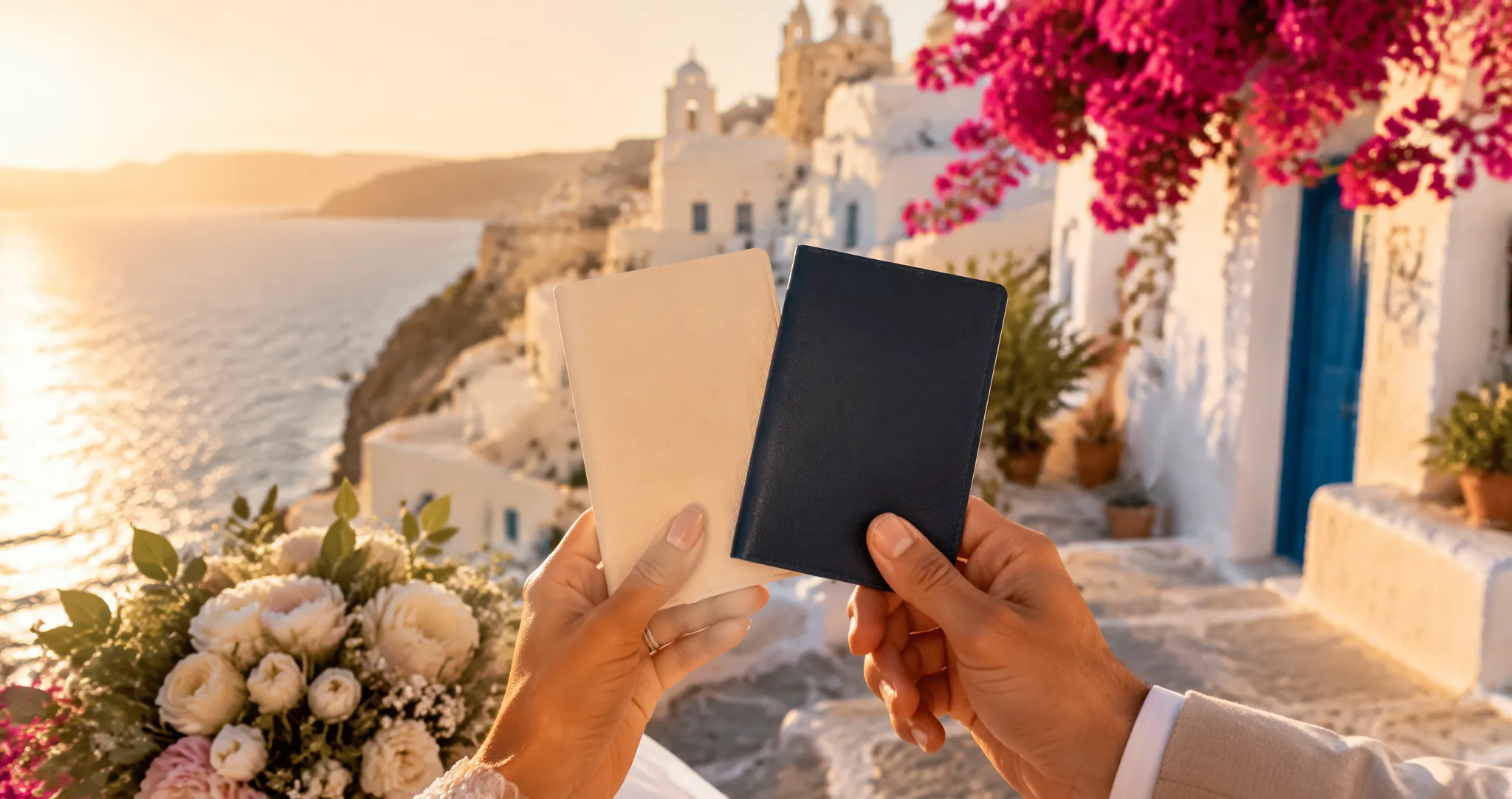 A couple's hands holding travel documents at a sunlit Mediterranean wedding venue