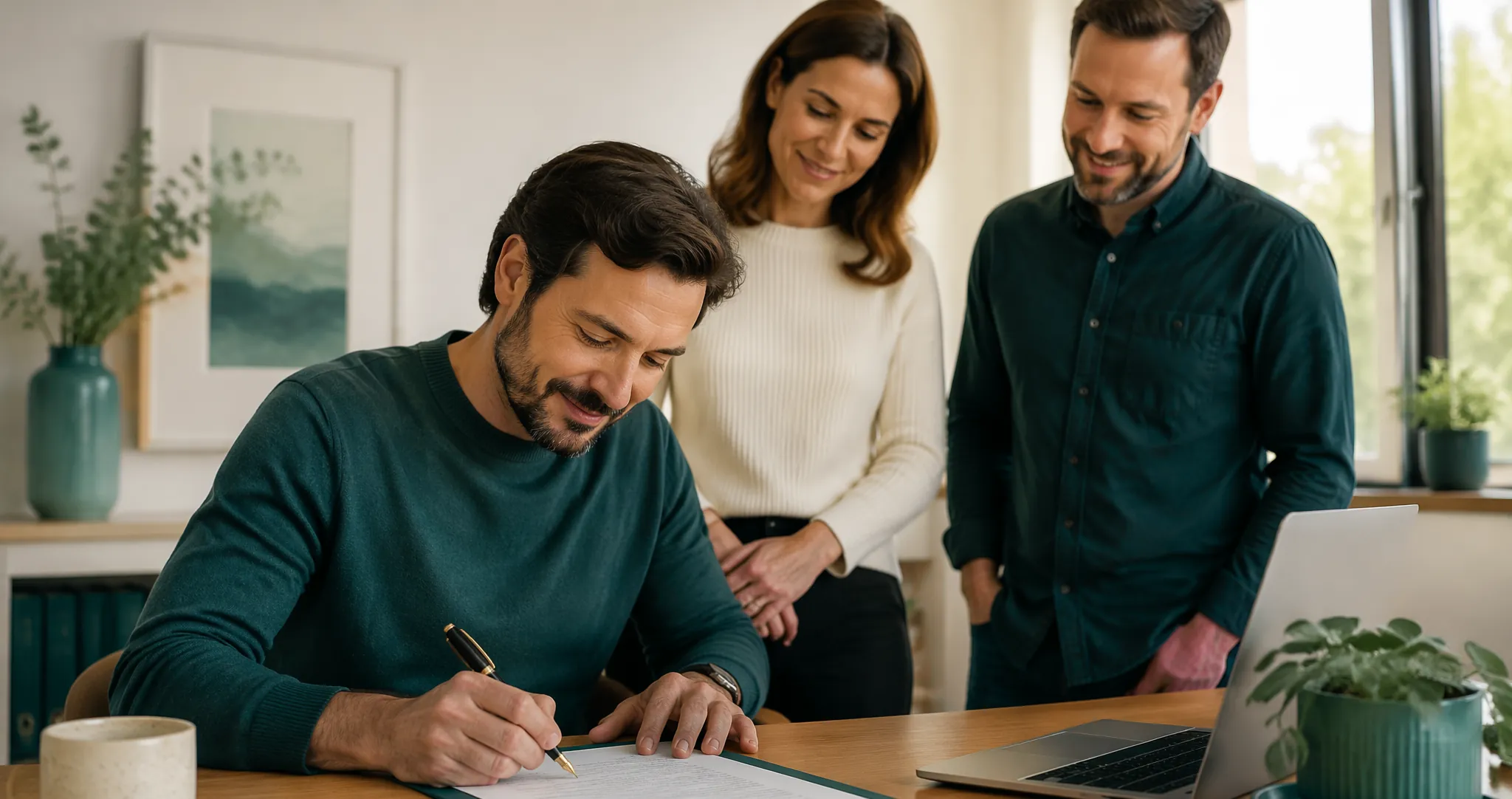 A person signing their deed poll at a desk while two witnesses watch and sign