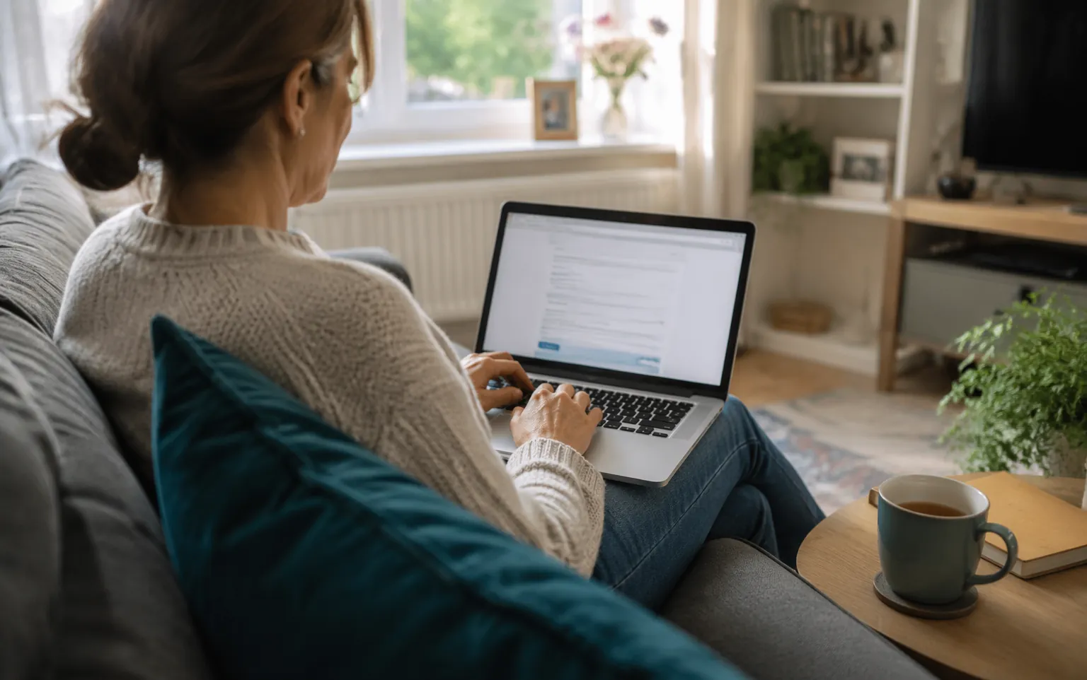 A person completing a UK name change form on a laptop at home