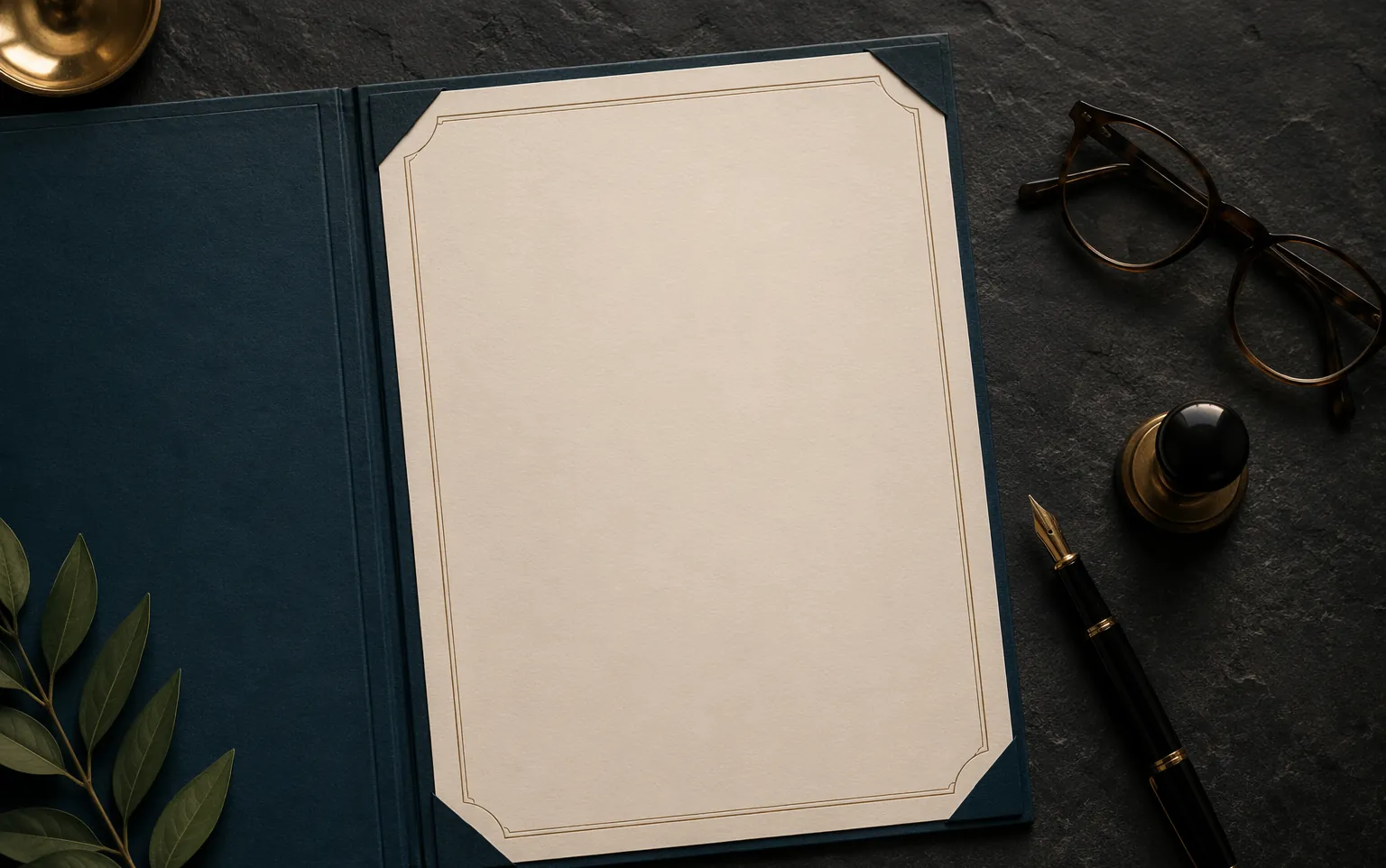A formal declaration document with a fountain pen, reading glasses and an ink stamp on a dark slate desk