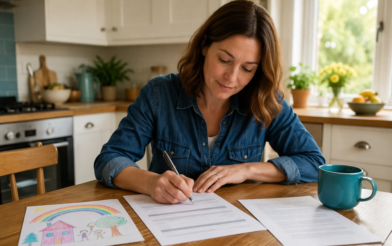A parent filling in paperwork at a bright kitchen table beside a child's drawing