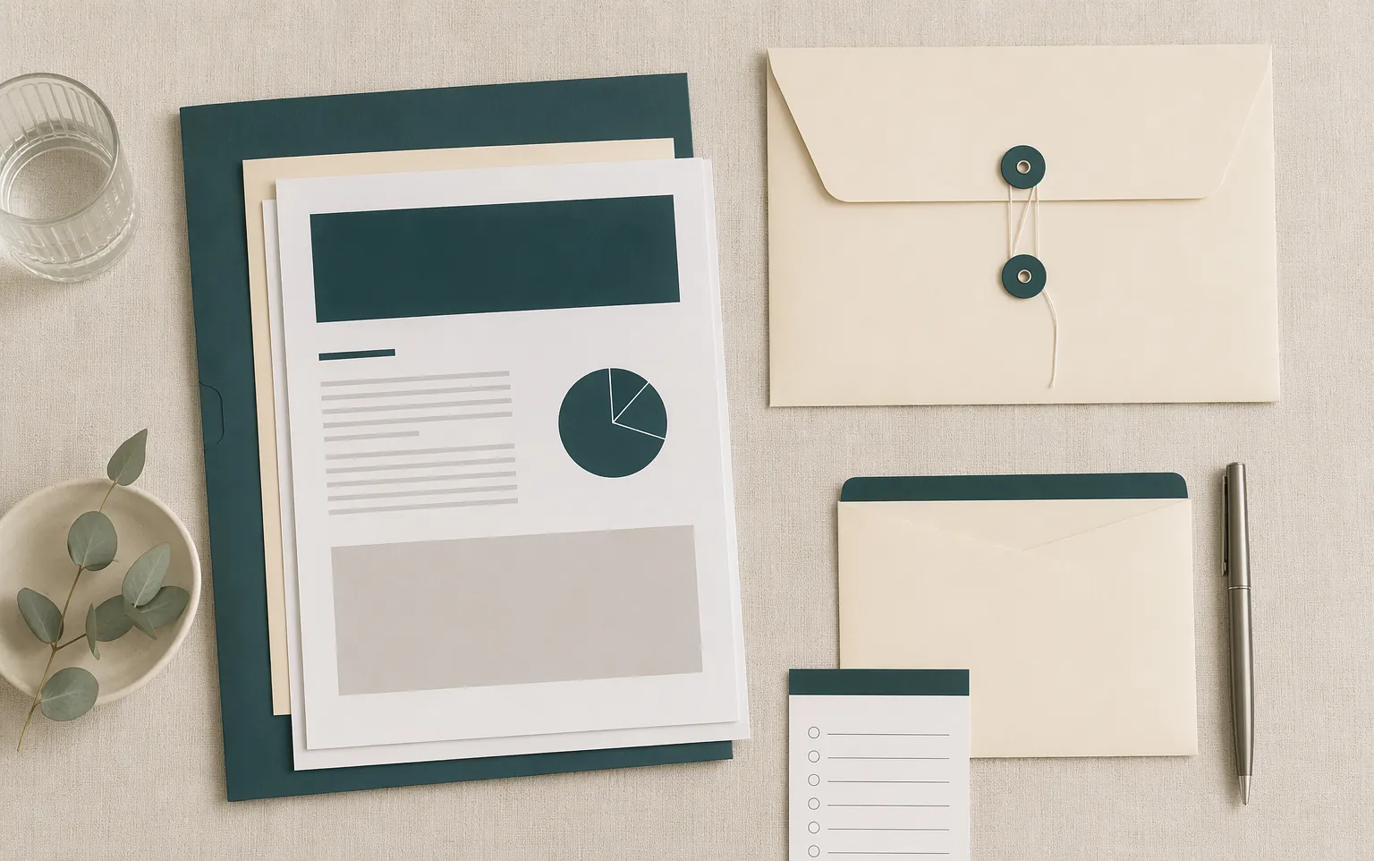 A flat-lay of printed notification letters, envelopes and a checklist card