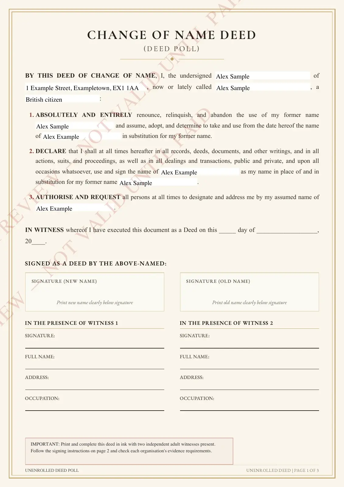 Watermarked adult deed poll example with fictional details
