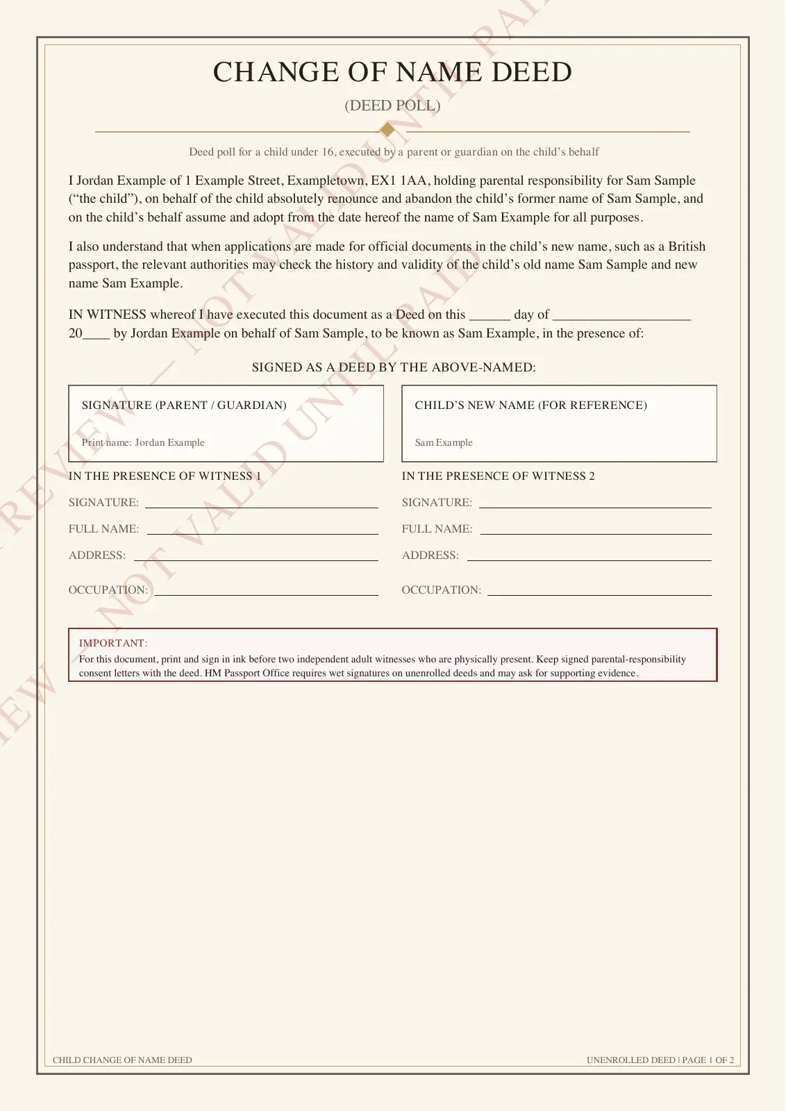 Watermarked child deed poll example with fictional details