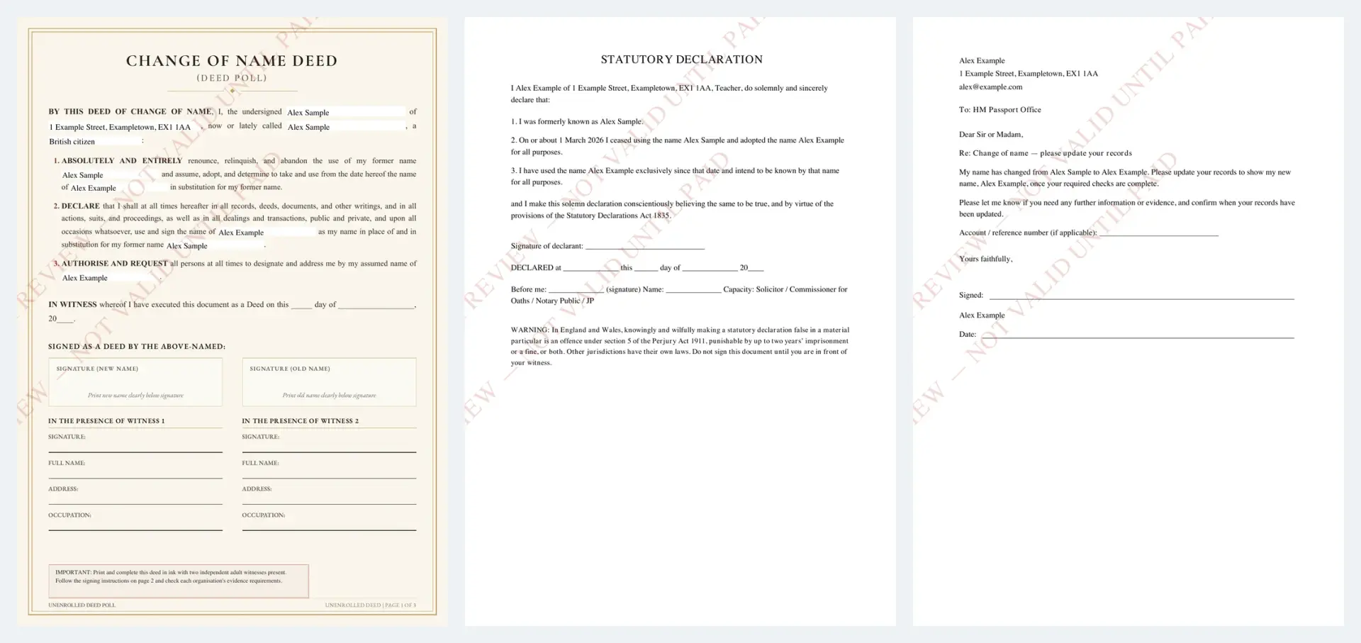 Watermarked name change pack example with fictional details