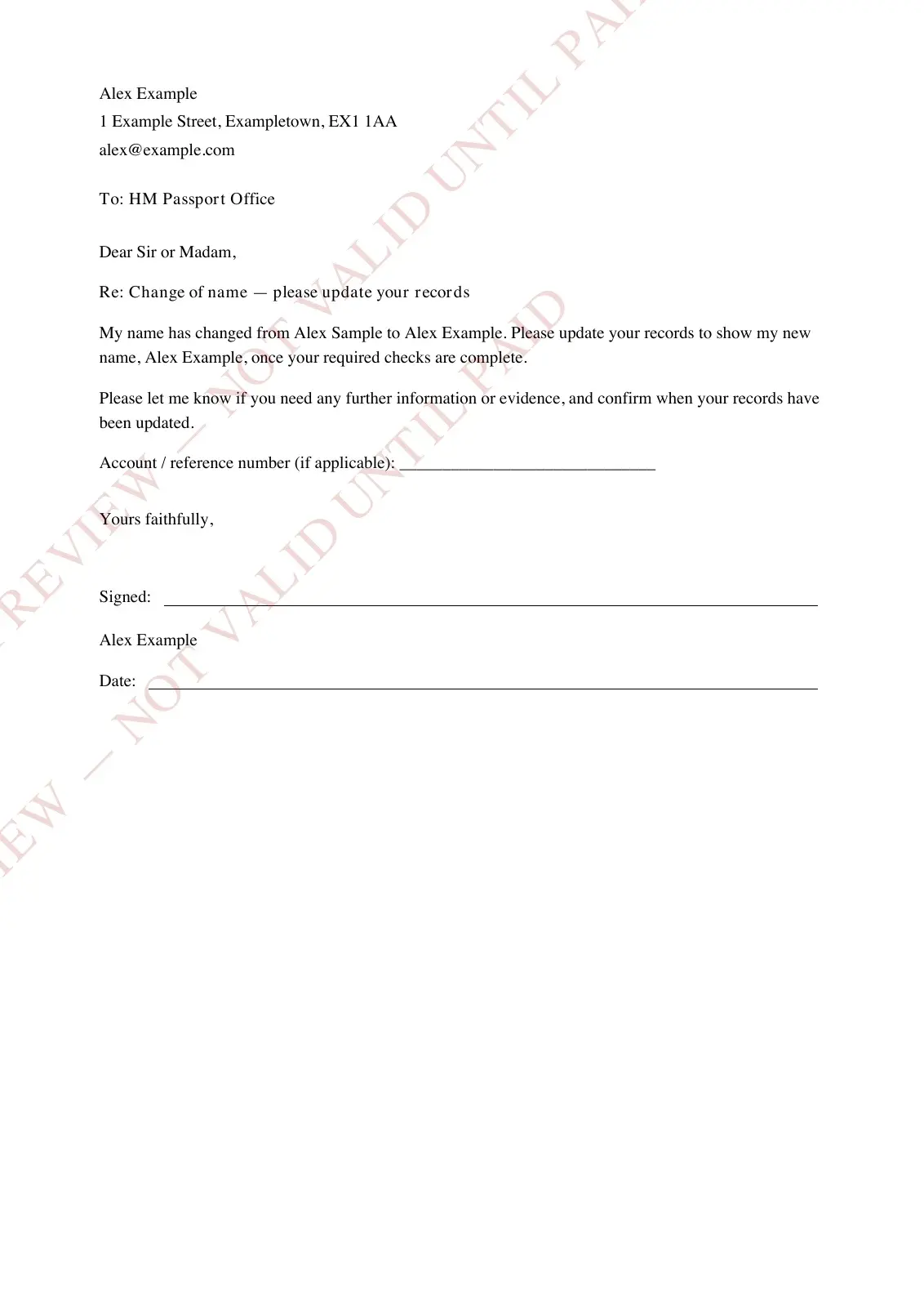 Watermarked notification letter example with fictional details
