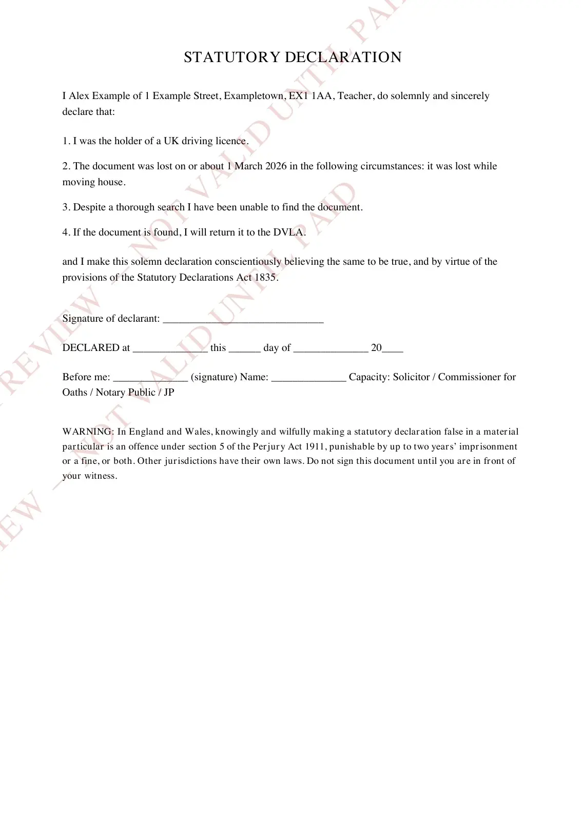 Watermarked lost-document statutory declaration example with fictional details