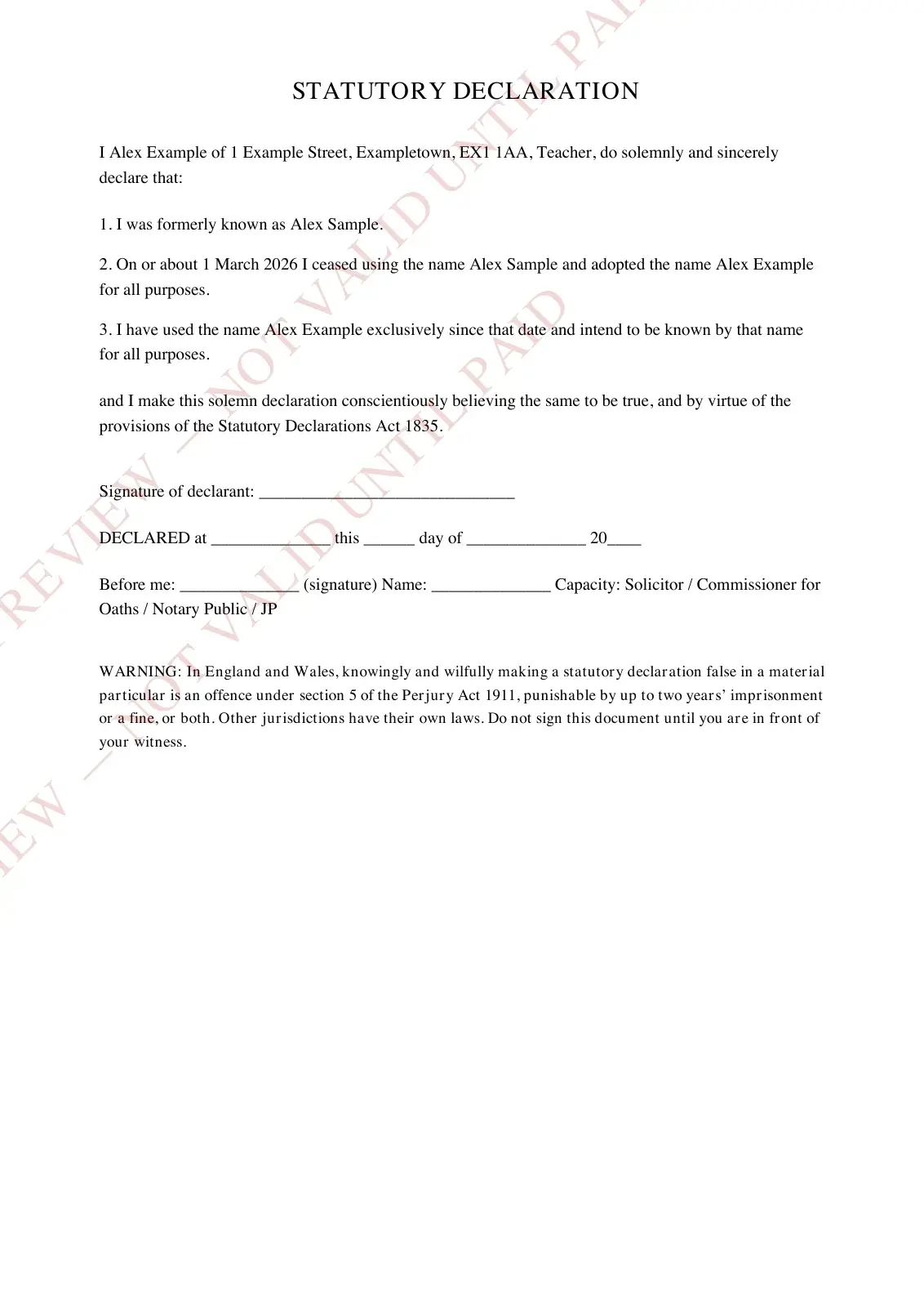 Watermarked name-change statutory declaration example with fictional details