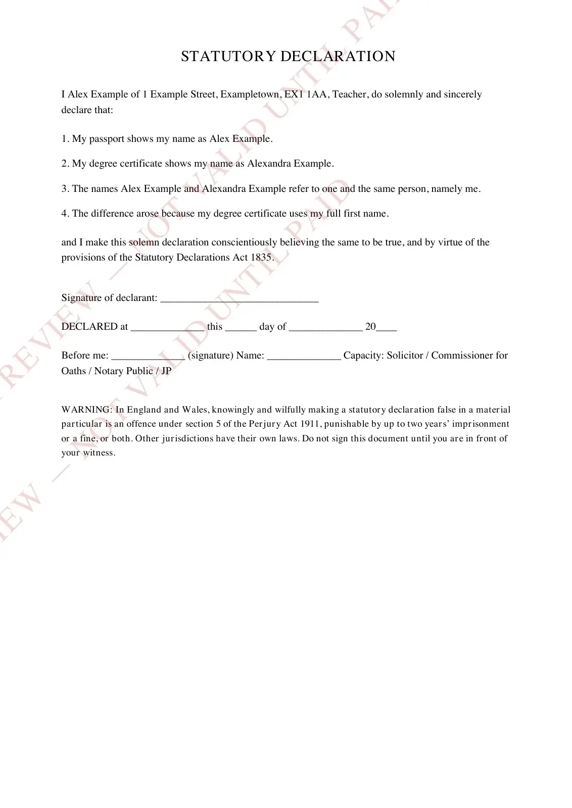 Watermarked one-and-the-same-person declaration example with fictional details