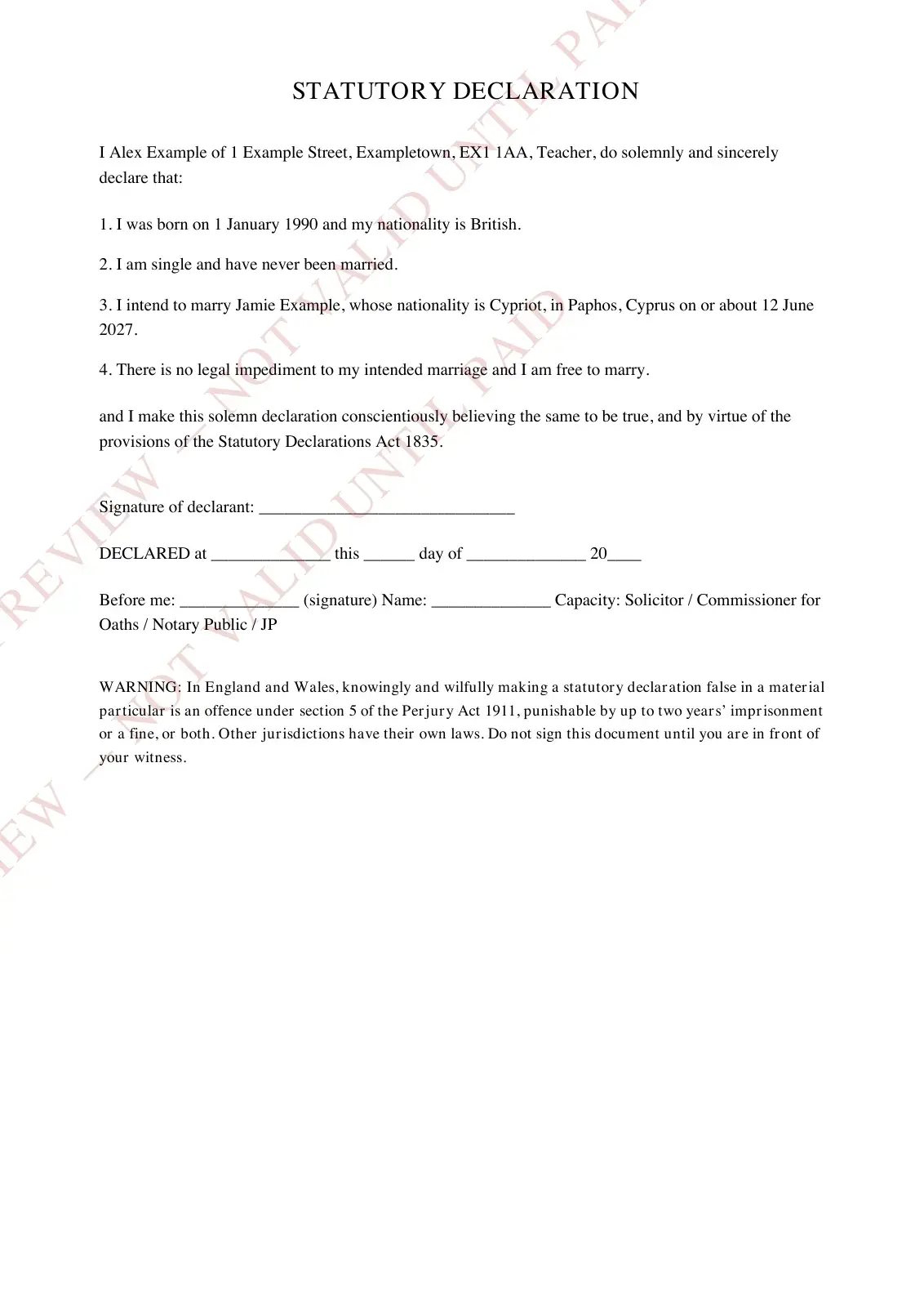Watermarked single-status statutory declaration example with fictional details