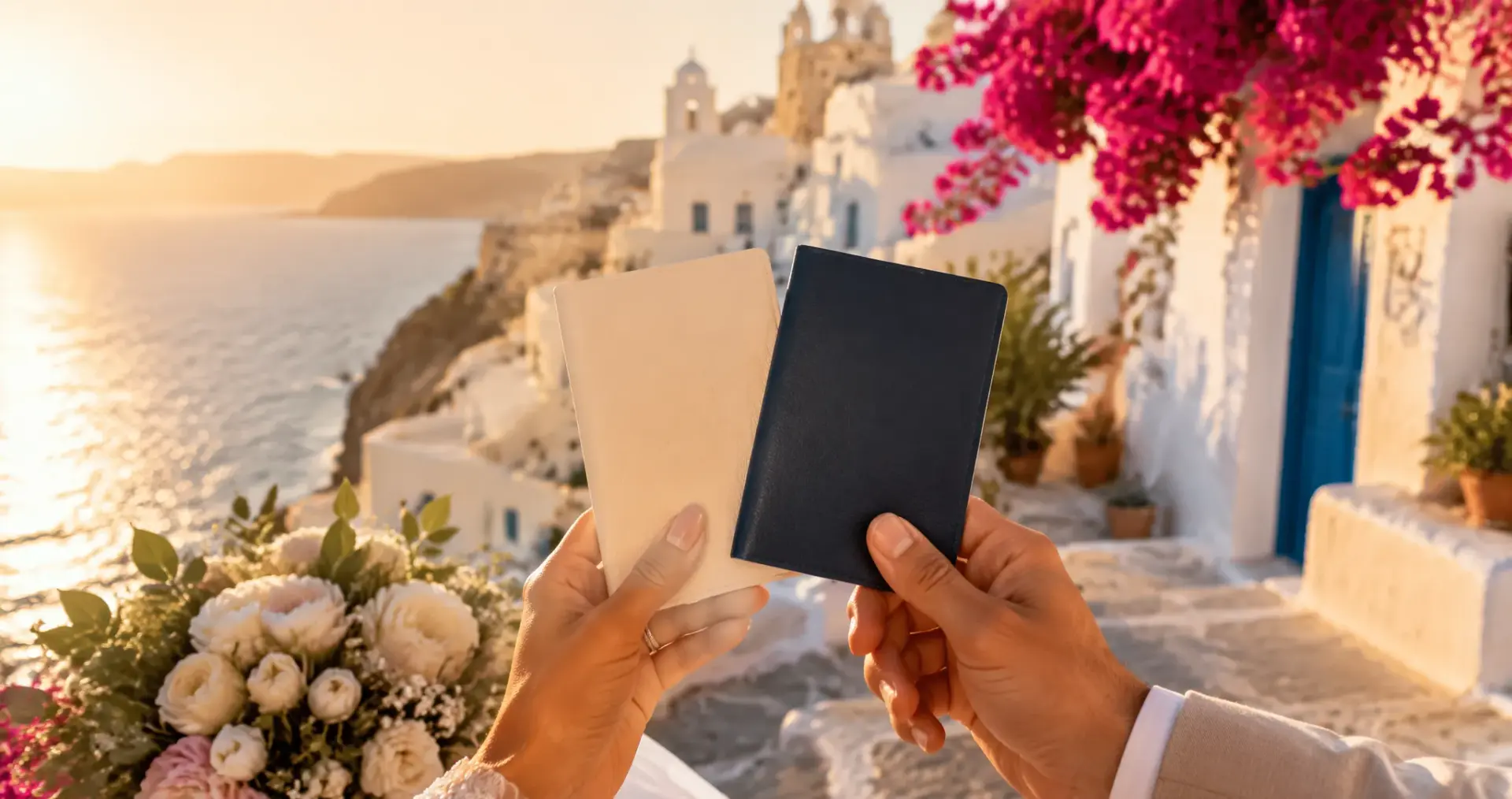 A couple's hands holding travel documents at a sunlit Mediterranean wedding venue